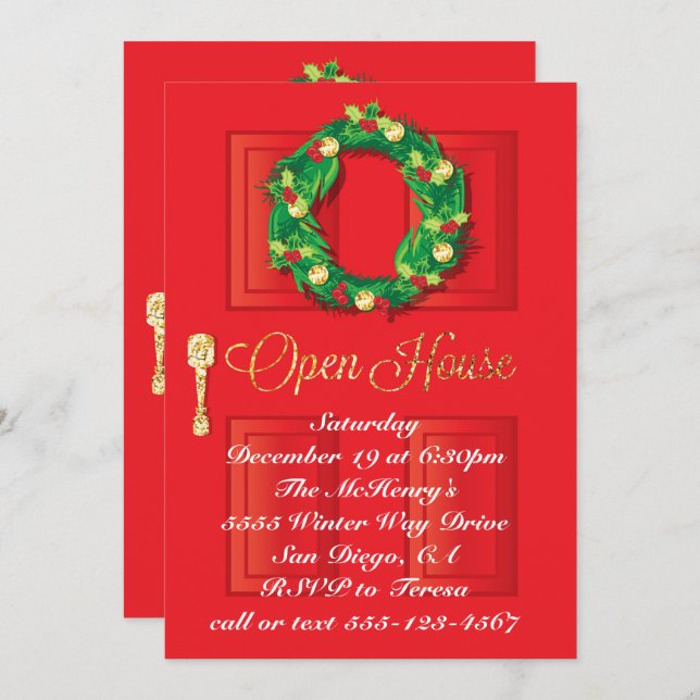 Invitation Maison ouverte de Noël de Porte Rouge avec couronn (Devant / Derrière)