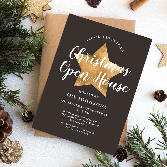 Invitation Maison ouverte de Noël élégante marron étoile doré (Elegant Brown Gold Star Christmas Open House Invitation)