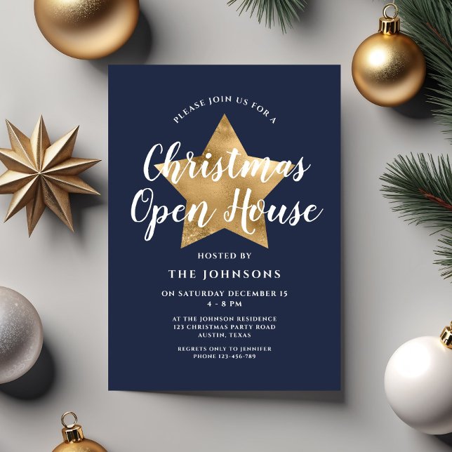Invitation Maison ouverte de Noël étoile bleu marine festive (Festive Navy Blue Star Christmas Open House Invitation)
