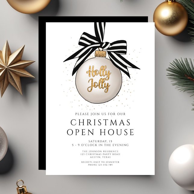 Invitation Maison ouverte de Noël festive noir et blanc (Festive Black And White Christmas Open House Invitation)