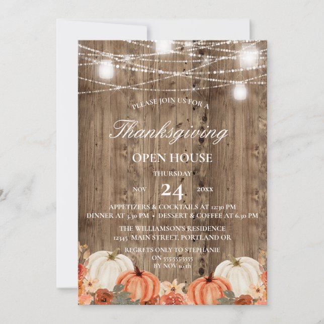 Invitation Maison ouverte de Thanksgiving en bois rustique et (Devant)