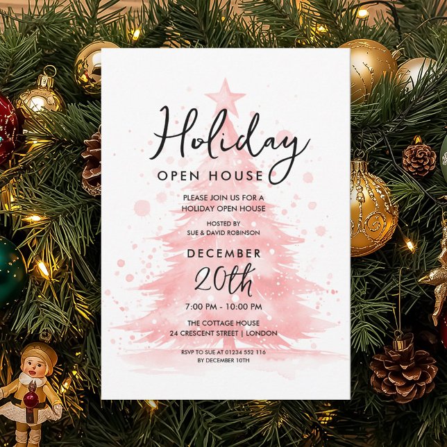 Invitation Maison ouverte de vacances élégante Arbre peint à  (Elegant Holiday Open House Red Hand Painted Tree Invitation)