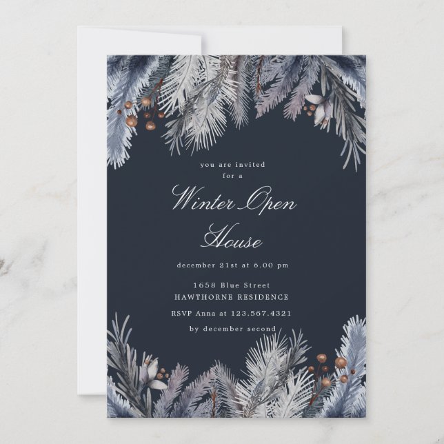 Invitation Maison ouverte d'hiver avec verdure bleue (Devant)
