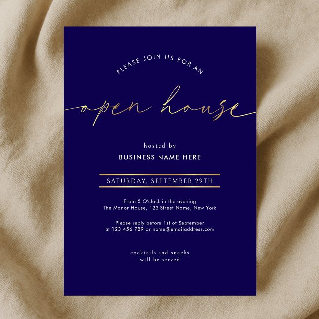 Invitation Maison ouverte élégante Navy & Or Script (Créateur téléchargé)