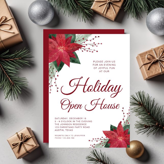 Invitation Maison ouverte festive élégante aux fleurs rouges  (Elegant Red Floral Poinsettia Holiday Open House Invitation)