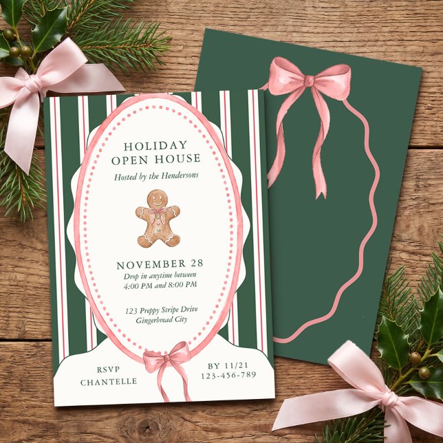 Invitation Maison Ouverte Gingerbread à Rayures Vertes Prépa (Gingerbread Stripe Holiday Party Invitation - Preppy Coquette Holiday Collection by Darling & May)