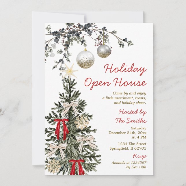 Invitation Maison ouverte pour les Fêtes Arbre de Noël Fête d (Devant)