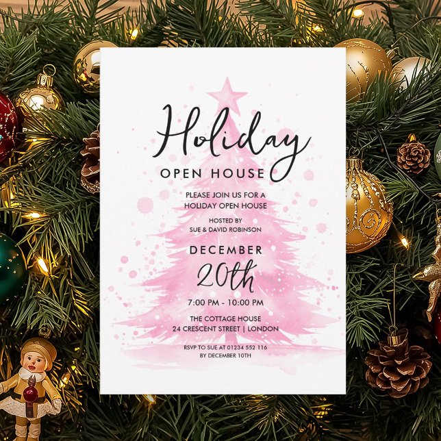 Invitation Maison ouverte pour les Fêtes Arbre peint à la mai (Holiday Open House Pink Hand Painted Tree Invitation)