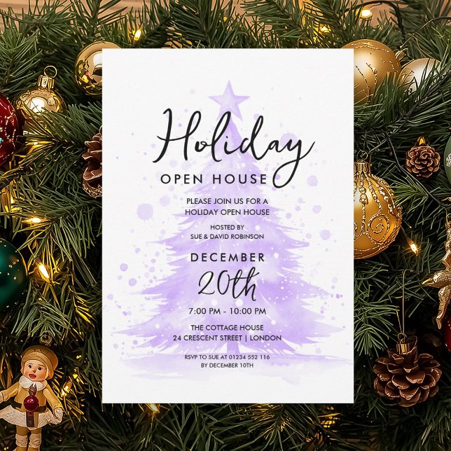 Invitation Maison ouverte pour les Fêtes Arbre peint à la mai (Holiday Open House Purple Hand Painted Tree Invitation)