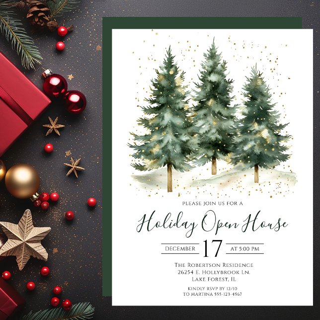 Invitation Maison ouverte pour les fêtes avec des arbres de p (Créateur téléchargé)