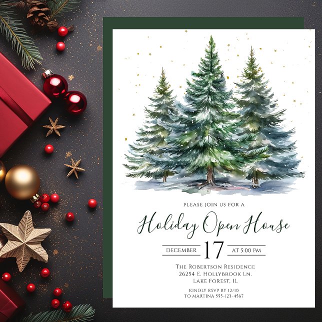 Invitation Maison ouverte pour les fêtes avec des arbres de p (Créateur téléchargé)