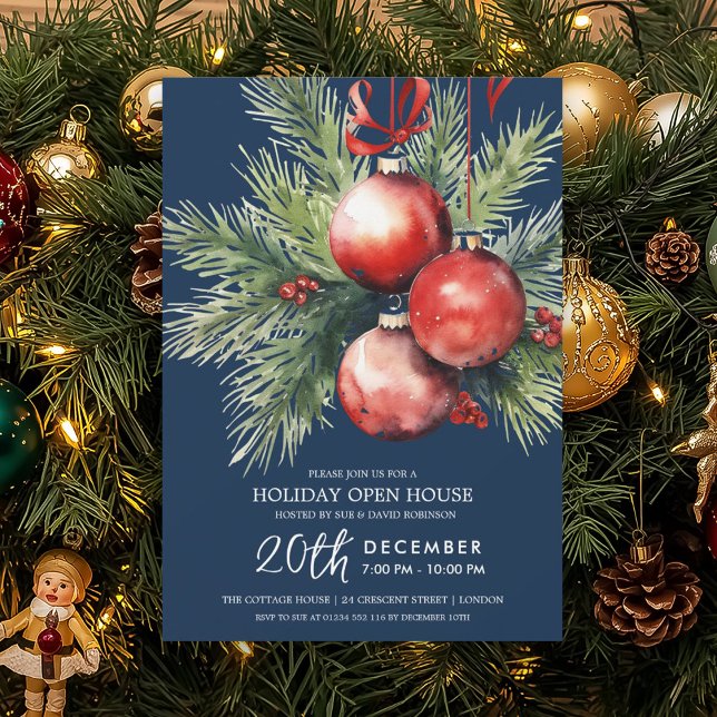 Invitation Maison ouverte pour les Fêtes Baubles Peints Bleu  (Holiday Open House Painted Baubles Navy Blue Invitation)