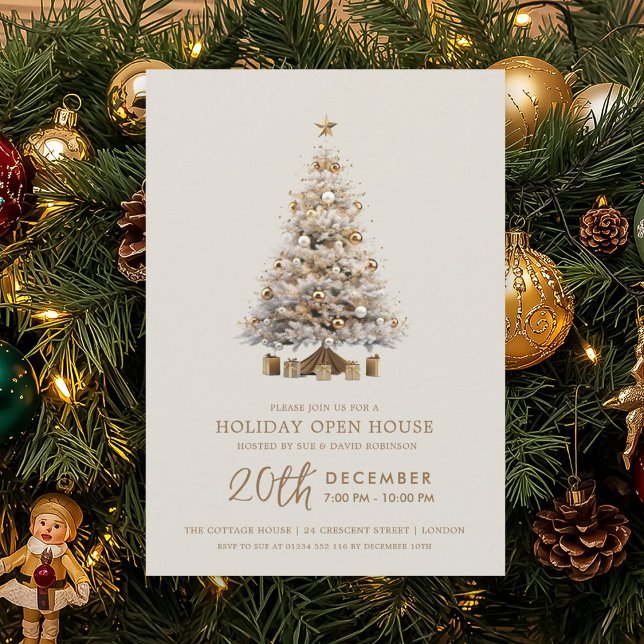 Invitation Maison ouverte pour les fêtes de Noël arbre de Noë (Christmas Holiday Open House Gold Xmas Tree Invitation)