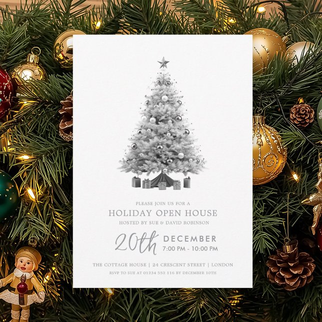 Invitation Maison ouverte pour les fêtes de Noël arbre de Noë (Christmas Holiday Open House Silver Xmas Tree Invitation)