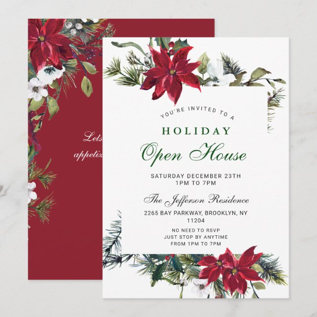 Invitation Maison ouverte pour les fêtes de Noël avec Poinset (Devant / Derrière)