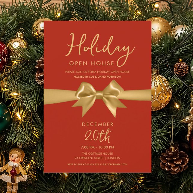 Invitation Maison ouverte pour les fêtes de Noël Bow doré rou (Christmas Holiday Open House Gold Bow Red Invitation)