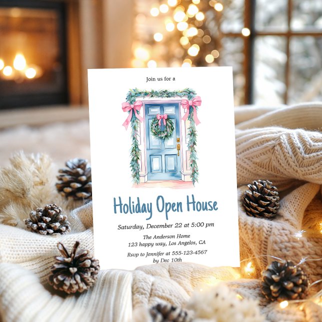 Invitation Maison ouverte pour les fêtes de Noël porte bleue  (Créateur téléchargé)