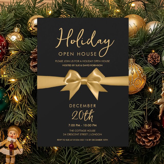 Invitation Maison ouverte pour les fêtes de Noël Ruban doré N (Christmas Holiday Open House Gold Bow Black Invitation)