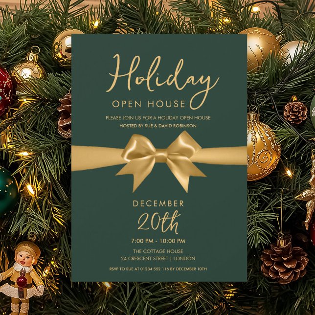 Invitation Maison ouverte pour les fêtes de Noël Ruban doré v (Christmas Holiday Open House Gold Bow Green Invitation)