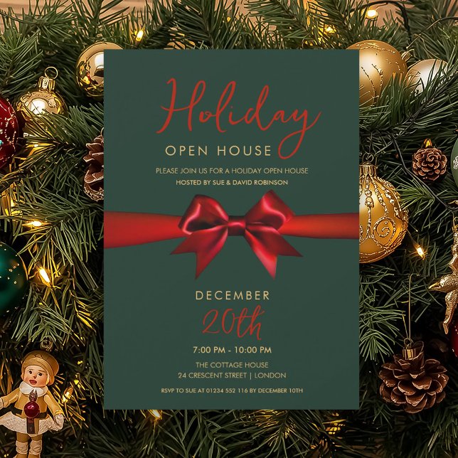 Invitation Maison ouverte pour les fêtes de Noël Ruban rouge  (Christmas Holiday Open House Red Bow Green Invitation)