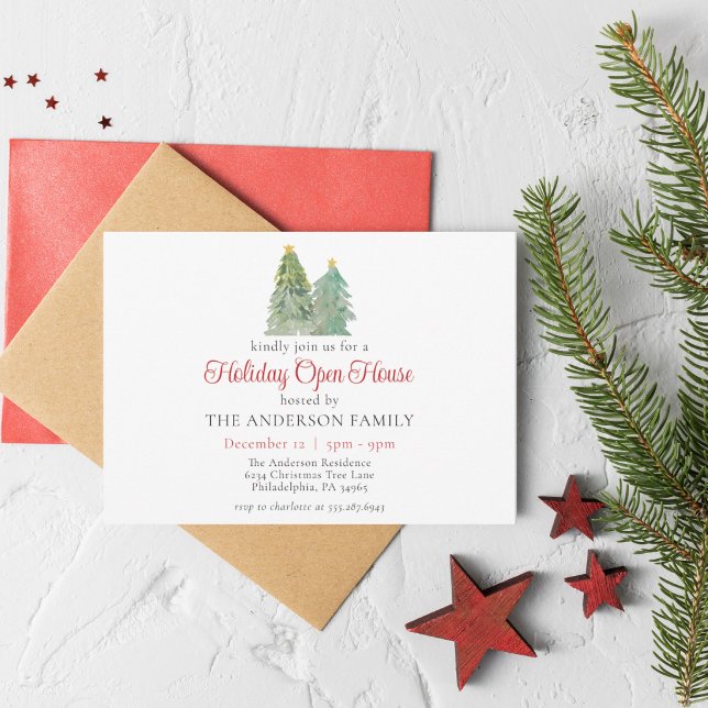 Invitation Maison ouverte pour Noël avec sapin au style aquar (Créateur téléchargé)