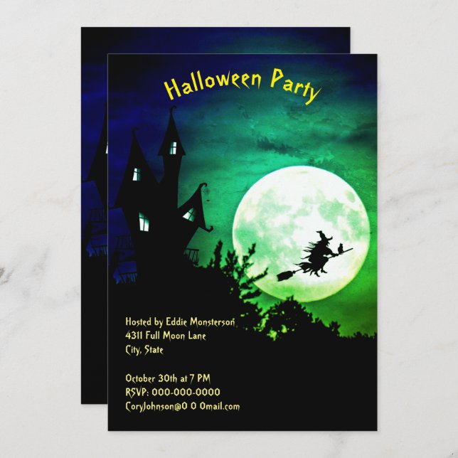Invitation Maison, Pleine lune, Sorcière, Green Sky Halloween (Devant / Derrière)
