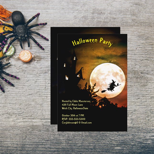Invitation Maison, Pleine lune, Sorcière Orange Sky Halloween (House, Full Moon, Witch Orange Sky Halloween Party Invitation)
