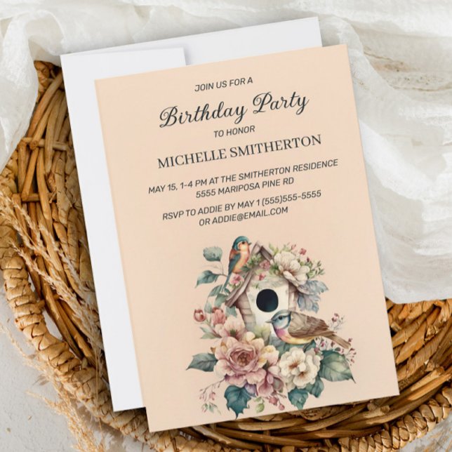 Invitation Maison pour oiseaux Fleurs Élégantes Fête d'annive (Créateur téléchargé)