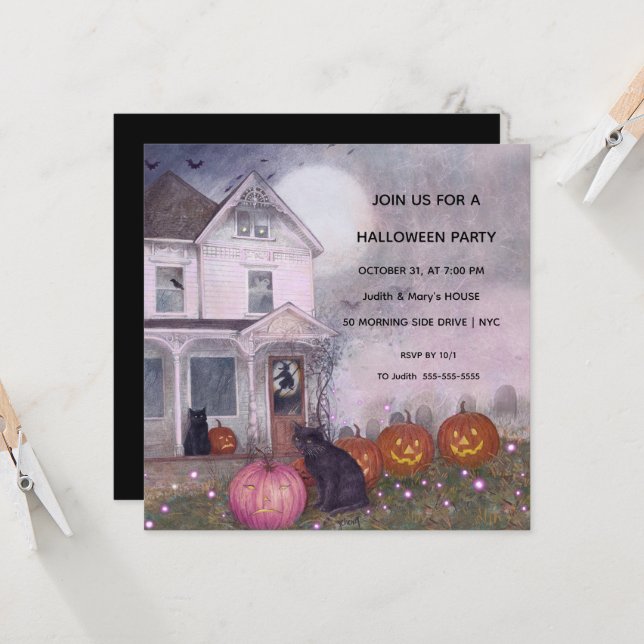 Invitation Maison rose hantée Chat noir Halloween Party (Devant/Arrière en situation)