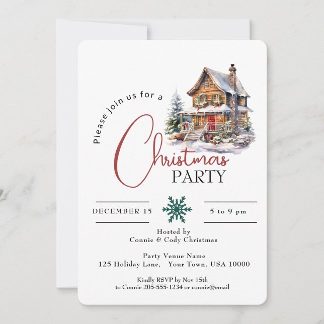 INVITATION MAISON RUSTIQUE SOUS LA NEIGE, FÊTE DE NOËL (Devant)