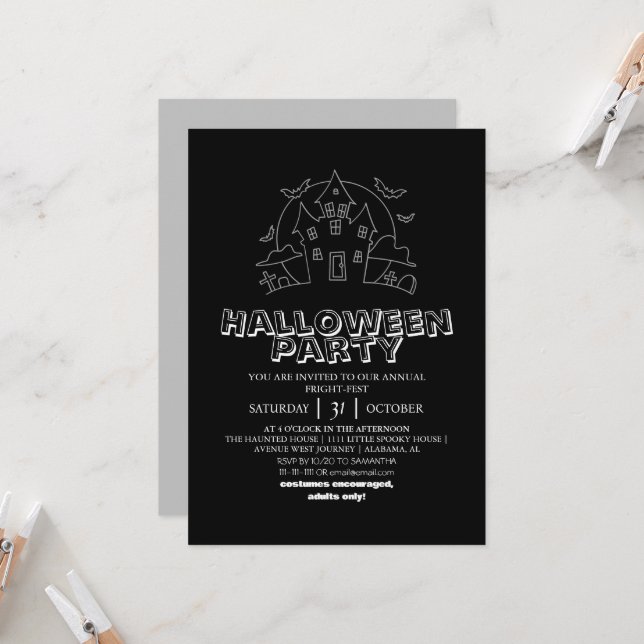 Invitation Maison simple hantée halloween costume fête (Devant/Arrière en situation)