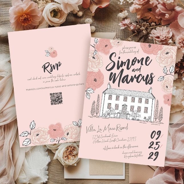 Invitation Maison toscane à main rose Floral Mariage unique (Unique hand drawn pink floral quirky Italian villa manor QR elegant illustrated wedding invitation)
