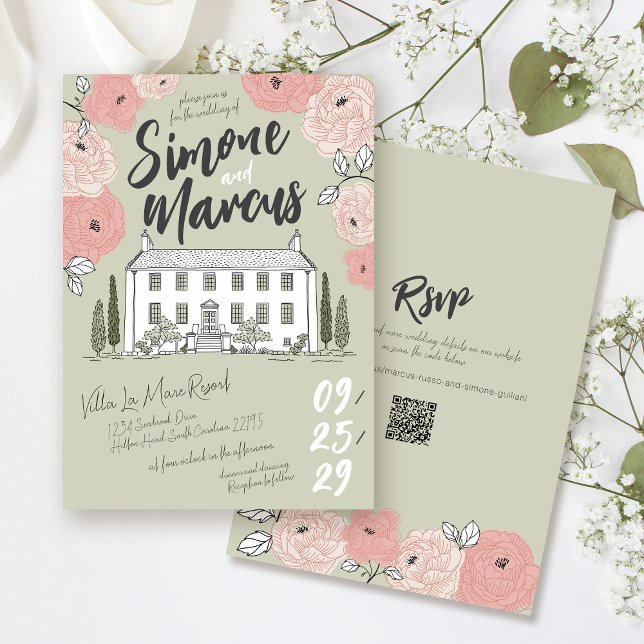 Invitation Maison unique dessinée Villa Sage Green Floral Mar (Whimsical sage green pink floral unique hand drawn handwritten illustrated villa wedding invitation)