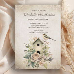 Invitation Maisonnette à oiseaux rustique vintage Fleurs 100e