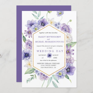 Invitation Maisonnettes violettes, Anémones, Mariage Floral R