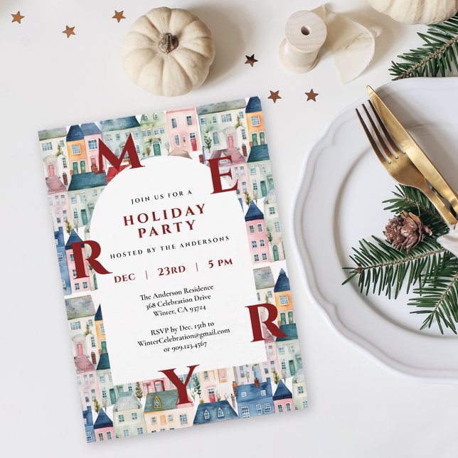 Invitation Maisons à l'aquarelle Fête de Noël rouge joyeux  (Créateur téléchargé)