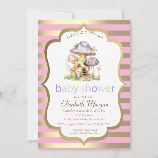 Invitation Maisons Champignons Bande Dorée Baby Shower  (Devant)