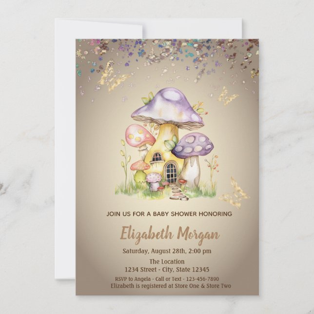 Invitation Maisons Champignons Papillon Doré Baby Shower  (Devant)