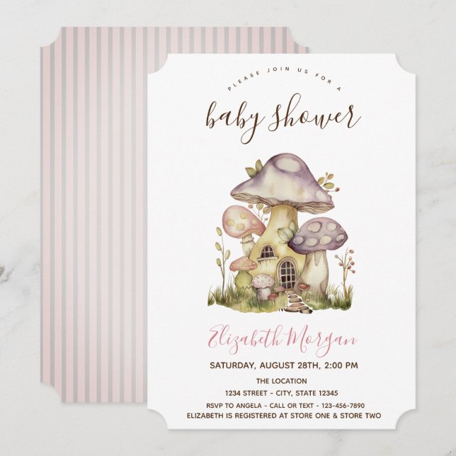 Invitation Maisons Champignons Rayures Roses Baby Shower   (Devant / Derrière)