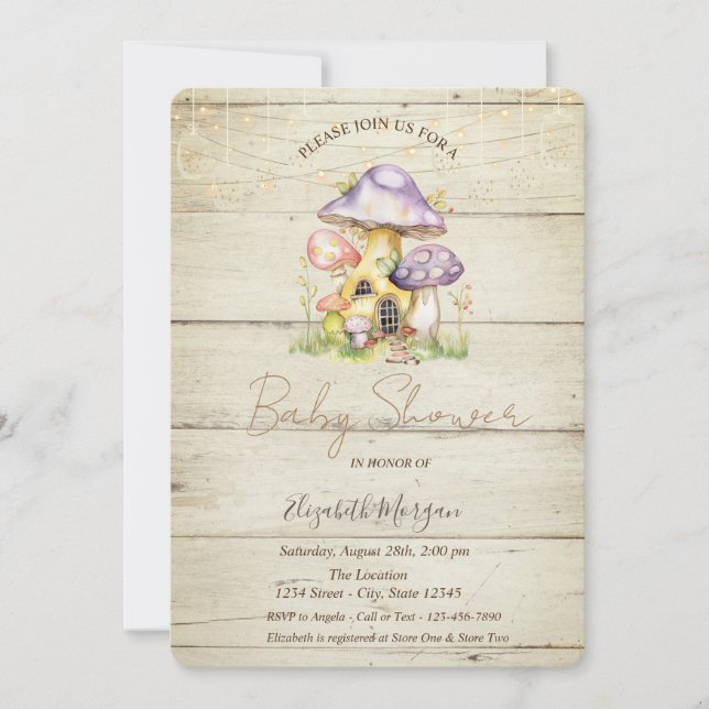 Invitation Maisons Champignons Texture Bois Baby Shower (Devant)