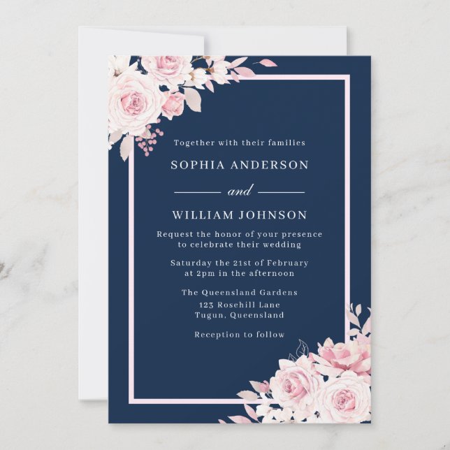 Invitation Majestic Blush & Navy Floral Mariage Aquarelle (Devant)