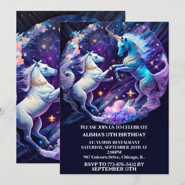 Invitation Majestic Unicorns Danser Anniversaire (Devant / Derrière)