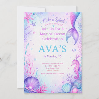Invitation Make a Splash Mermaid Birthday Party Watercolor