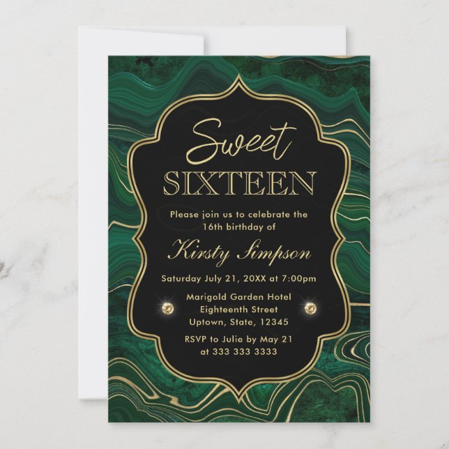 Invitation Malachite vert foncé et strates de feuille d'or Sw (Devant)