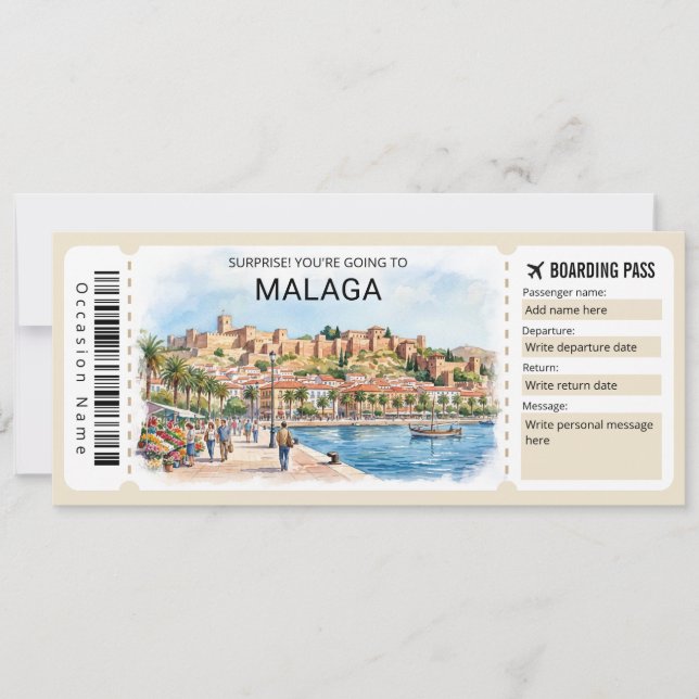 Invitation Malaga Spain Trip Boarding Pass Ticket (Devant)