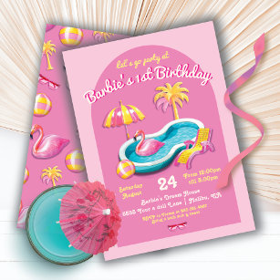 Invitation Malibu Beach Doll Retro Anniversaire Pool Party