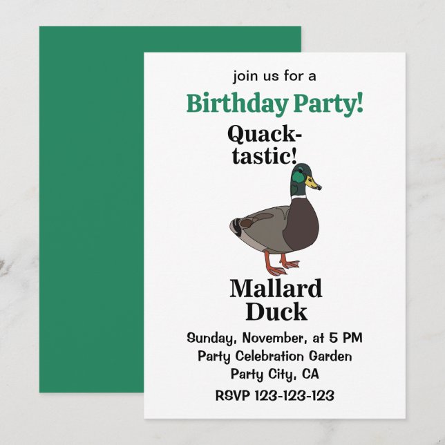 Invitation Mallard Quack-Tastic Duck Birthday Party (Devant / Derrière)
