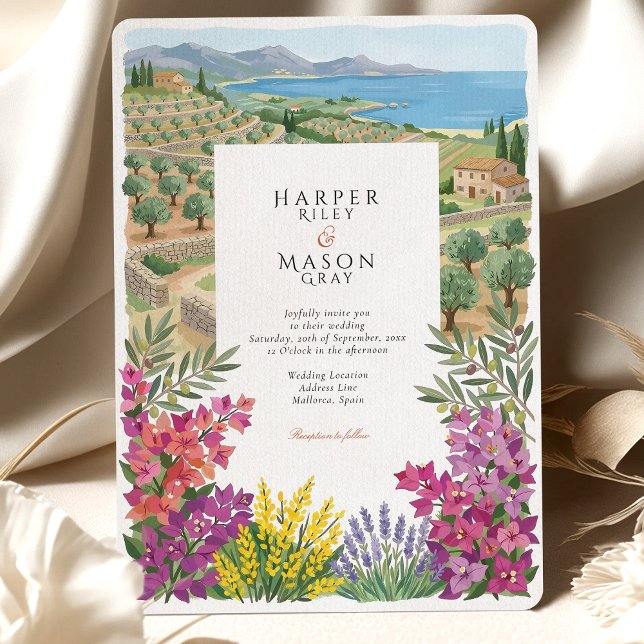 Invitation Mallorca Spain Mediterranean Coast Olive Wedding (Créateur téléchargé)