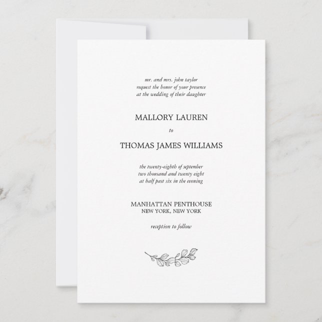 Invitation Mallory Elegant simple Mariage de feuille botaniqu (Devant)
