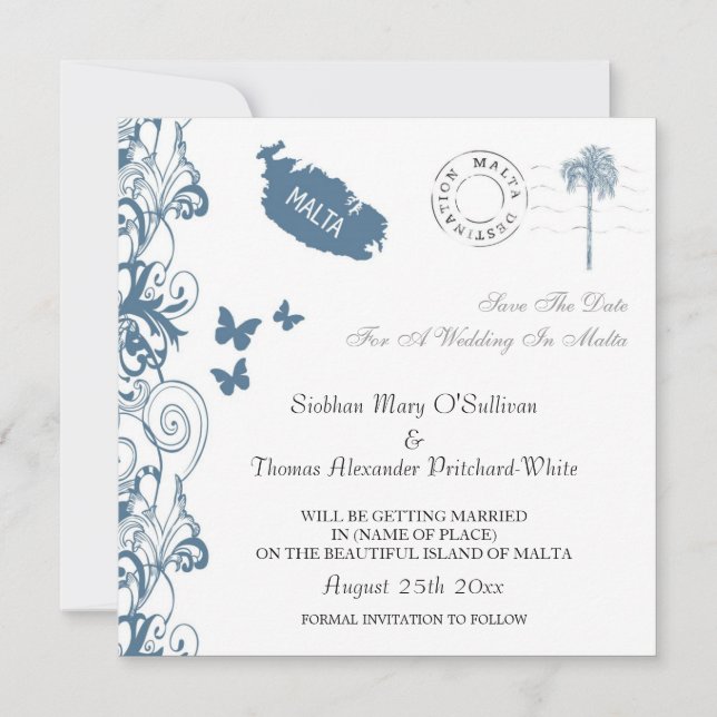 Invitation Malta Sauvegarder la date à Malte Bleu (Devant)